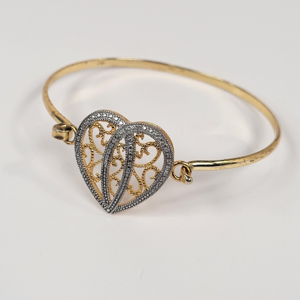 RL 925 Sterling Heart Bangle Bracelet Gold Tone‎ Filigree Openwork Love 6.75"